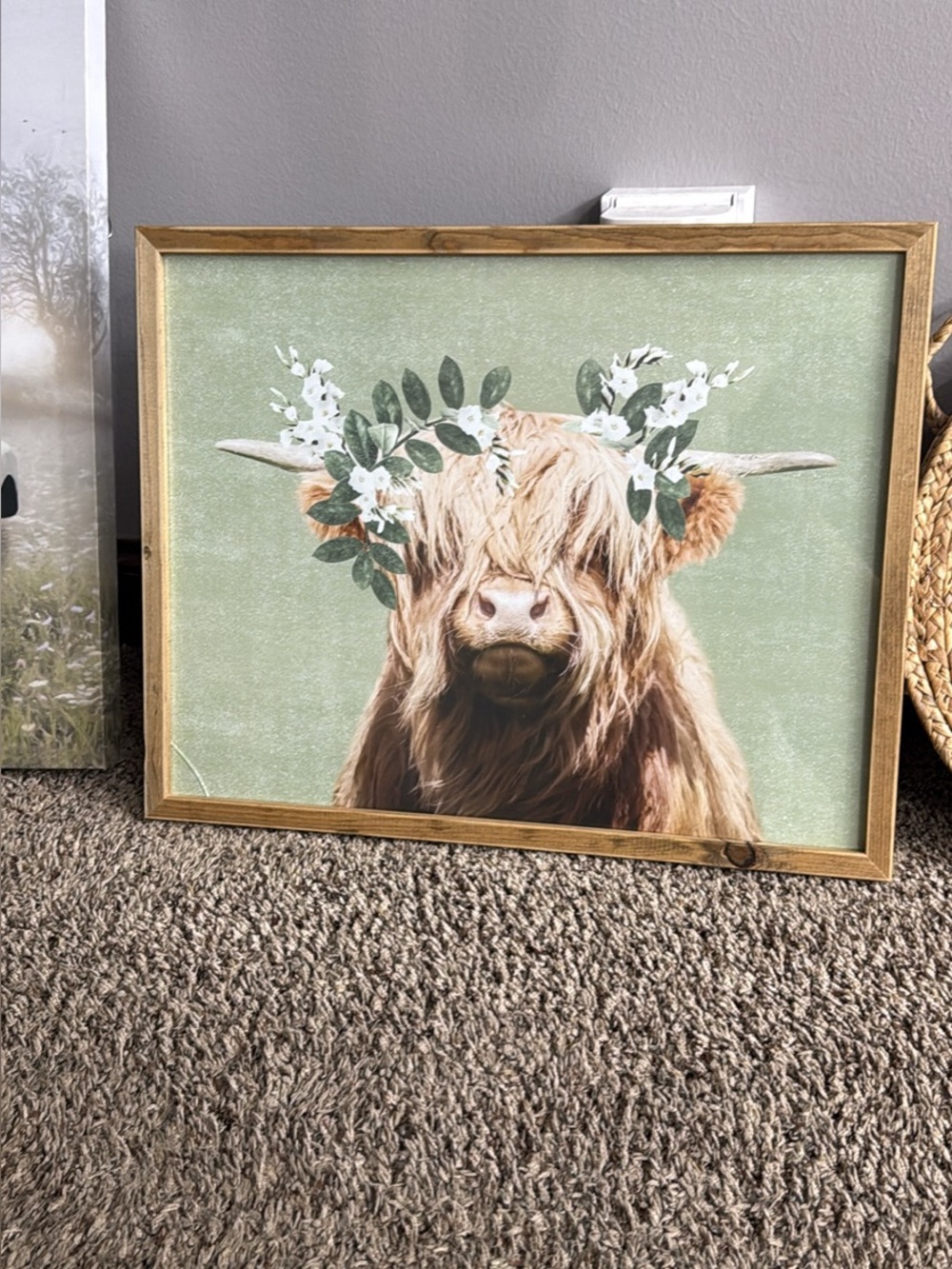 Highland Cow Floral Wall Art - Green Background